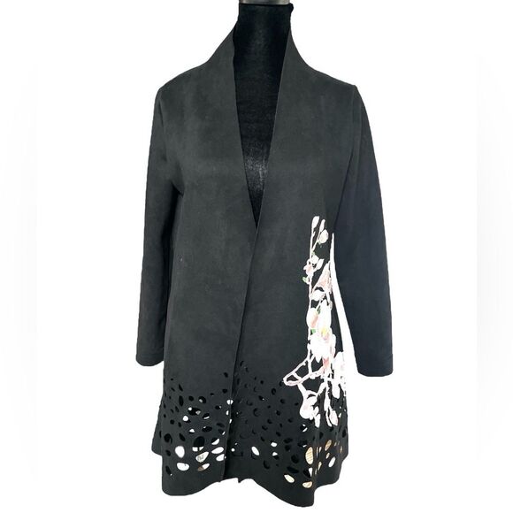 Vintage Aris Floral Long Blazer Overcoat Size Small Pink Applique Cut Out - Picture 2 of 7